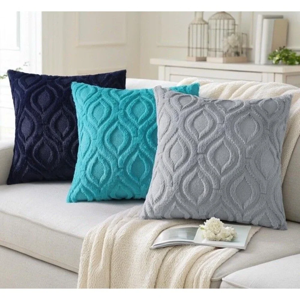 Pillow Covers 18X18in Set Of 2 Soft Plush Faux Fur Textured Blue Gray Farmhouse